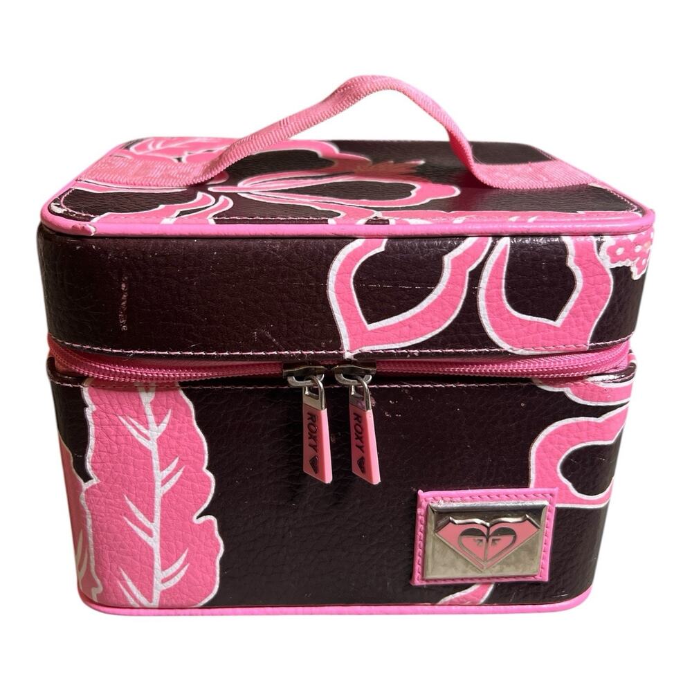 Vintage Roxy Train Case Luggage Makeup Bag Travel Hibiscus Tropical Print Pink